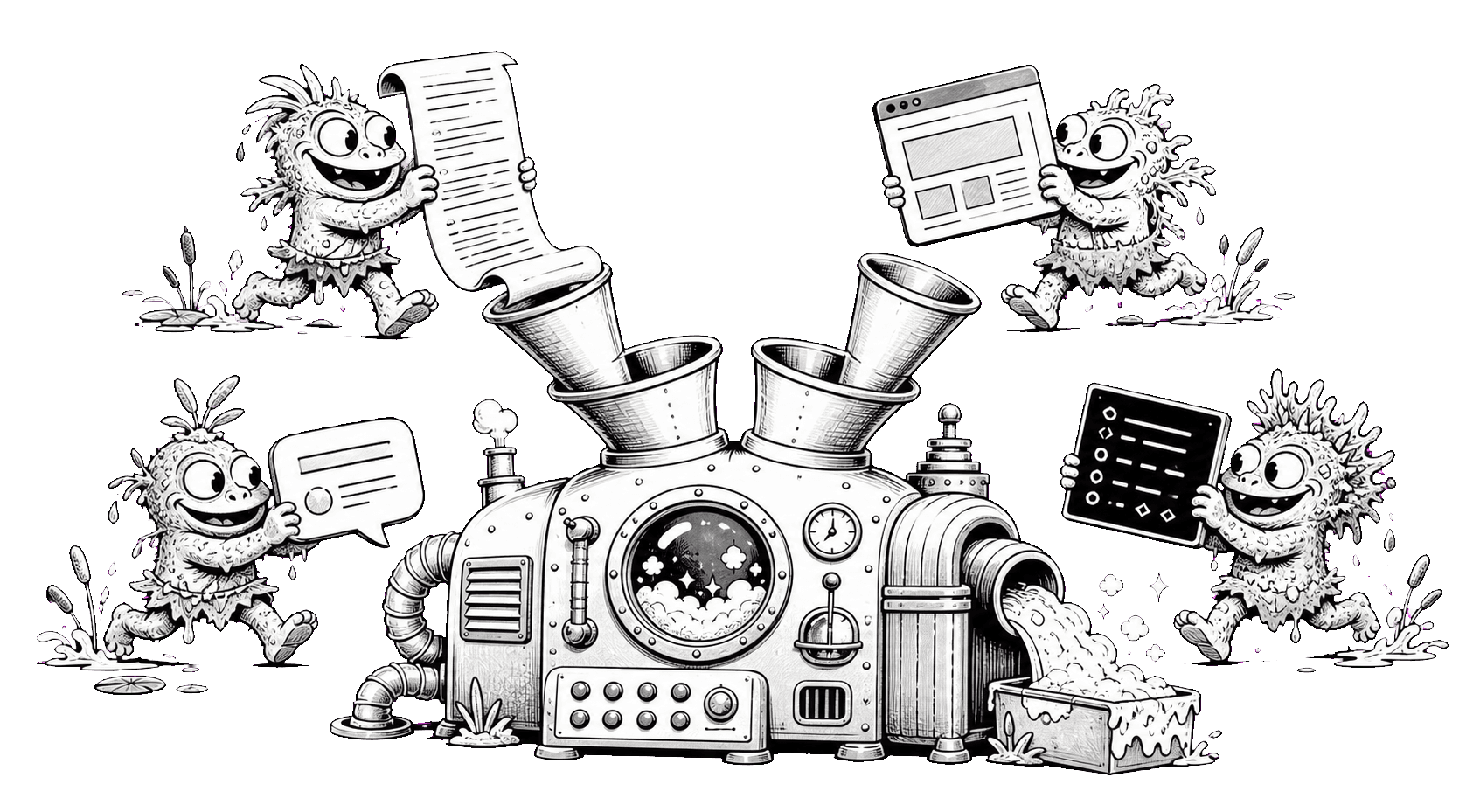 Four swamp mascots carrying different kinds of work into a cleanup machine
