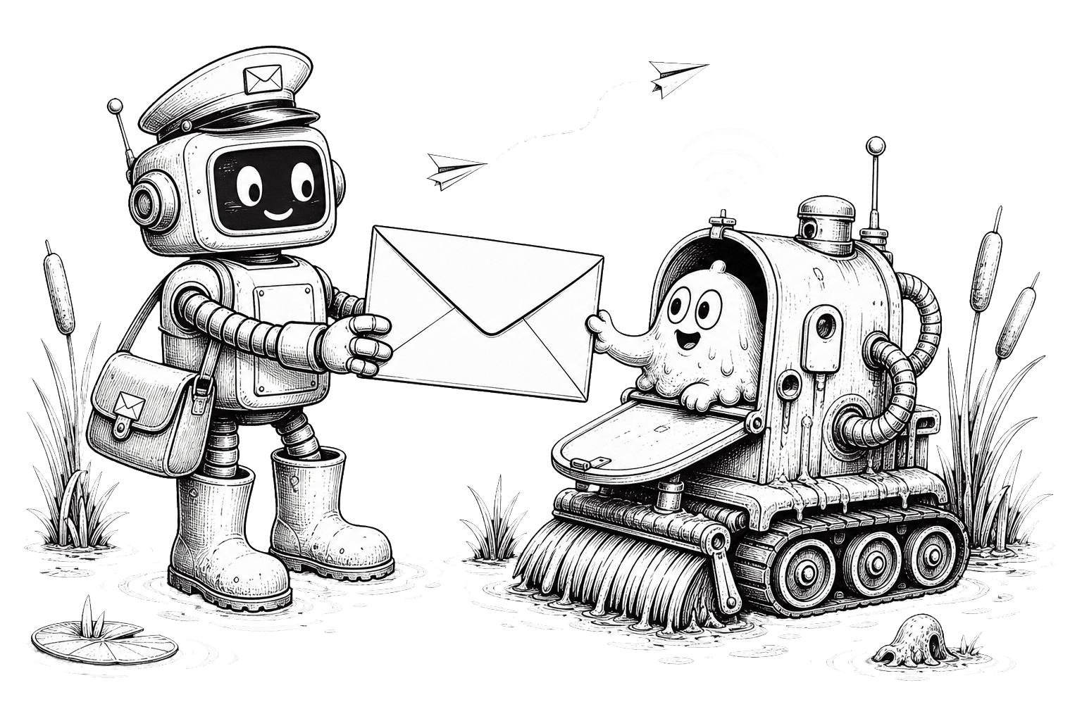 A friendly robot delivering an envelope to the Slop Swamp team