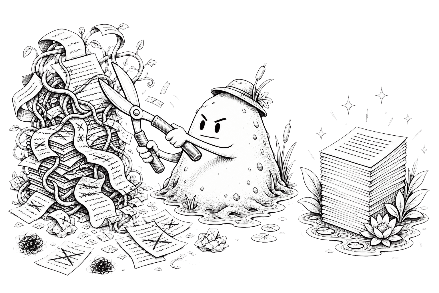 A determined swamp editor pruning tangled pages into a clean document stack