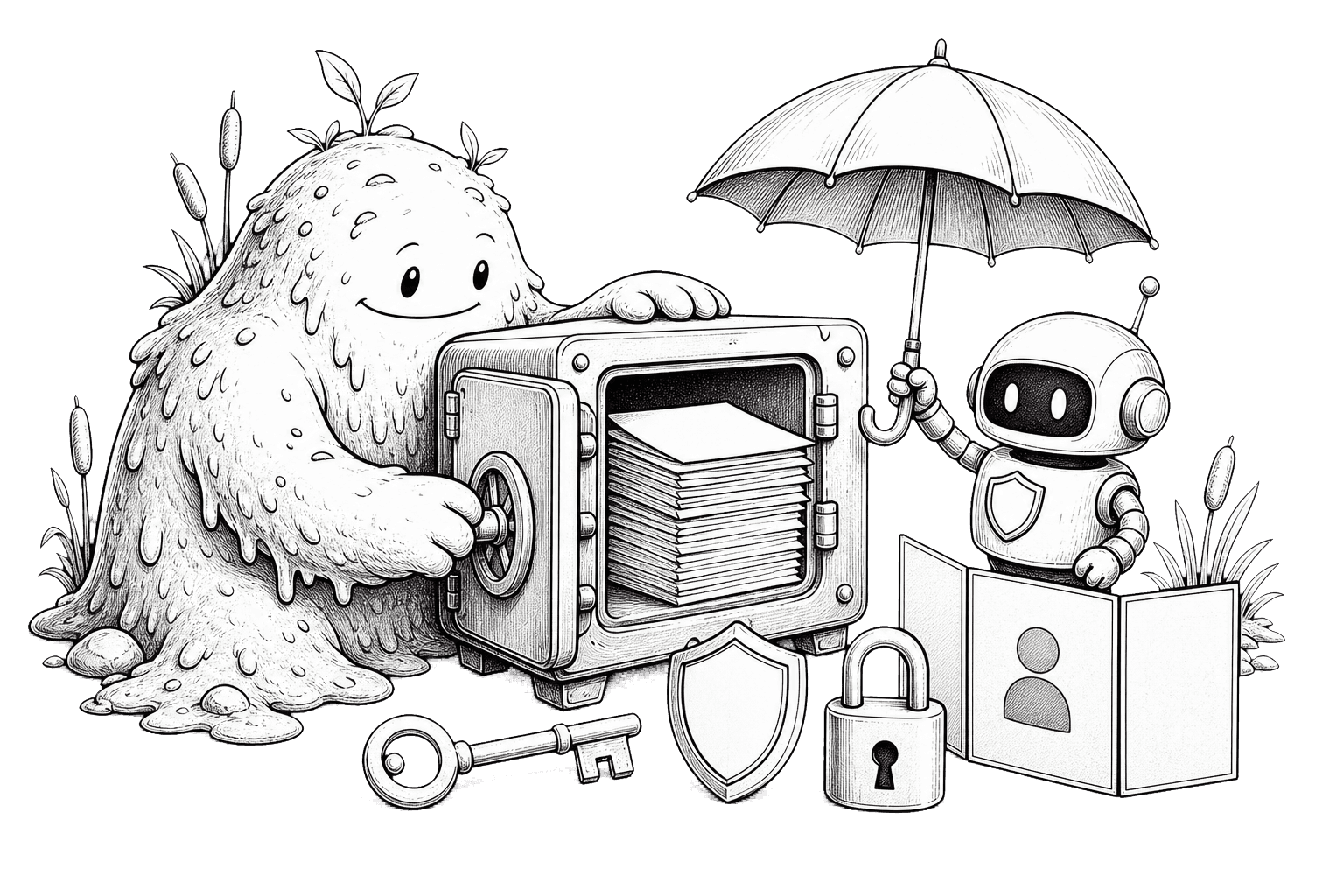 A swamp guardian and robot securing private documents inside a locked vault