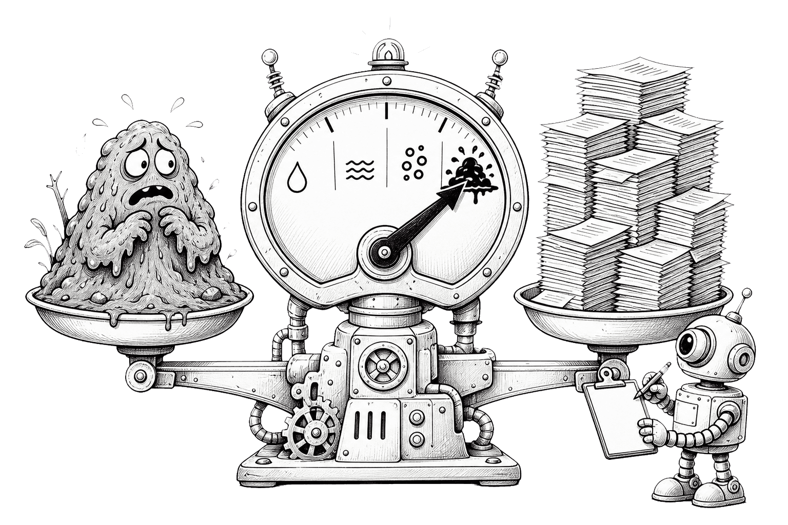 A worried swamp mascot and a pile of pages being measured on a large slop gauge