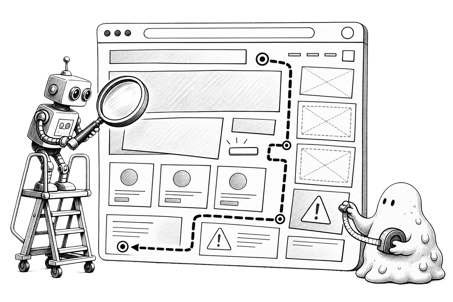 A small robot inspecting a messy browser page with a magnifying glass