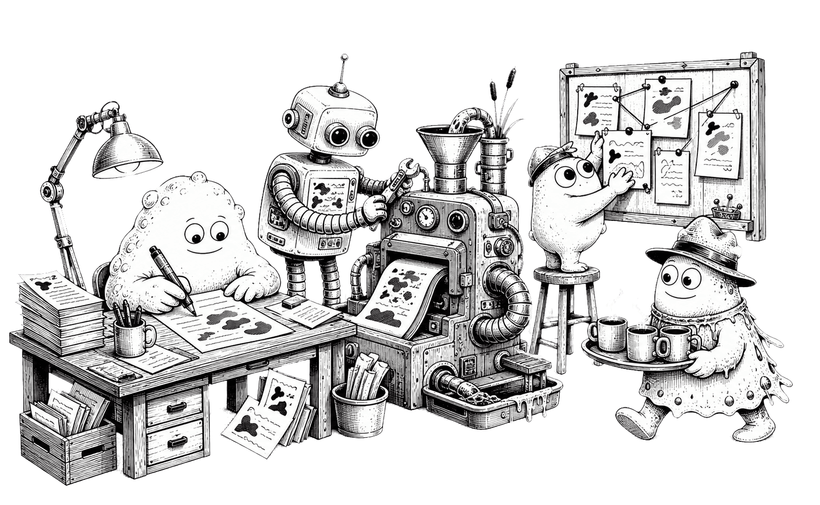 The Slop Swamp team of mascots working in a tiny swamp office