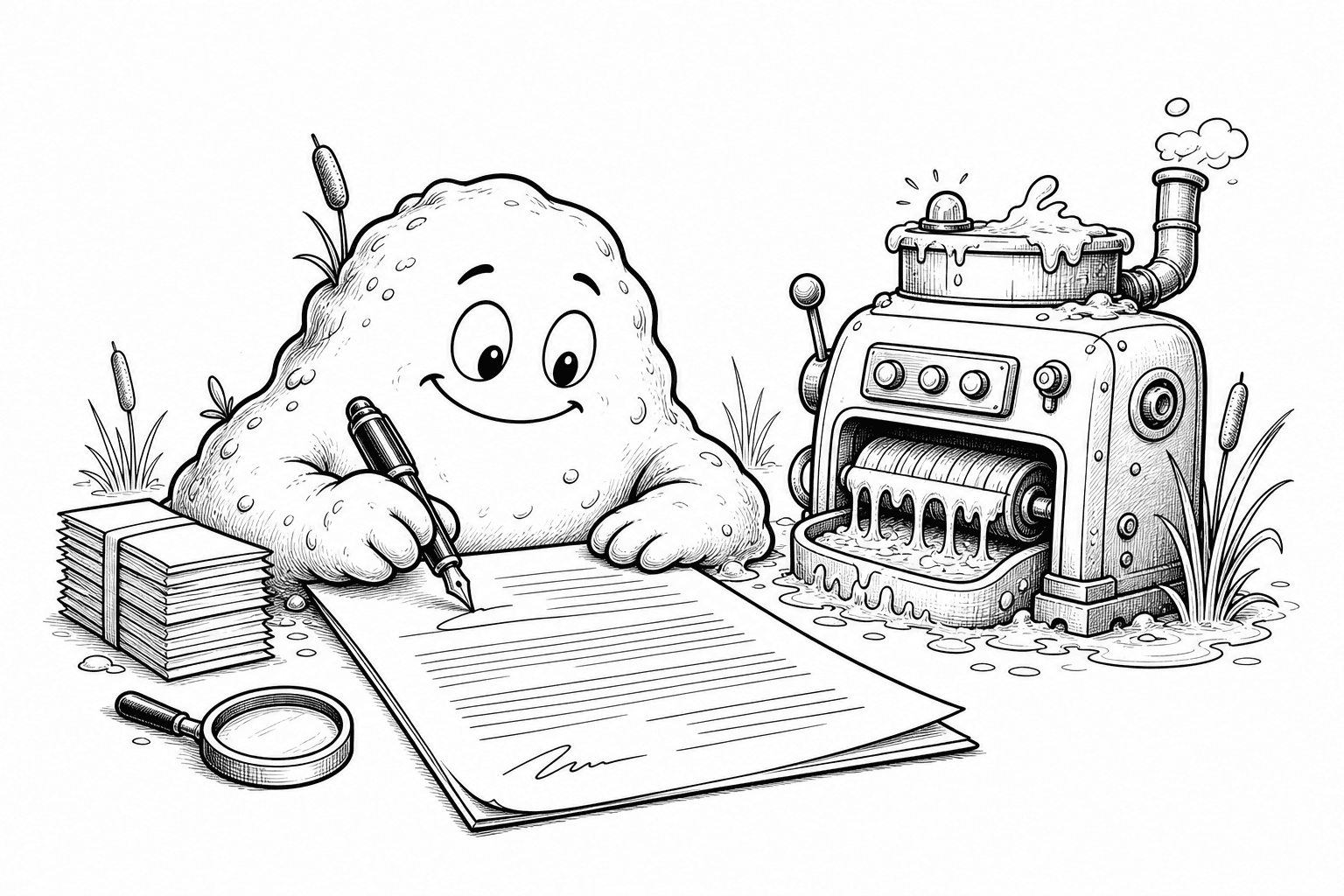 A swamp mascot reviewing a service agreement beside a content-cleaning machine