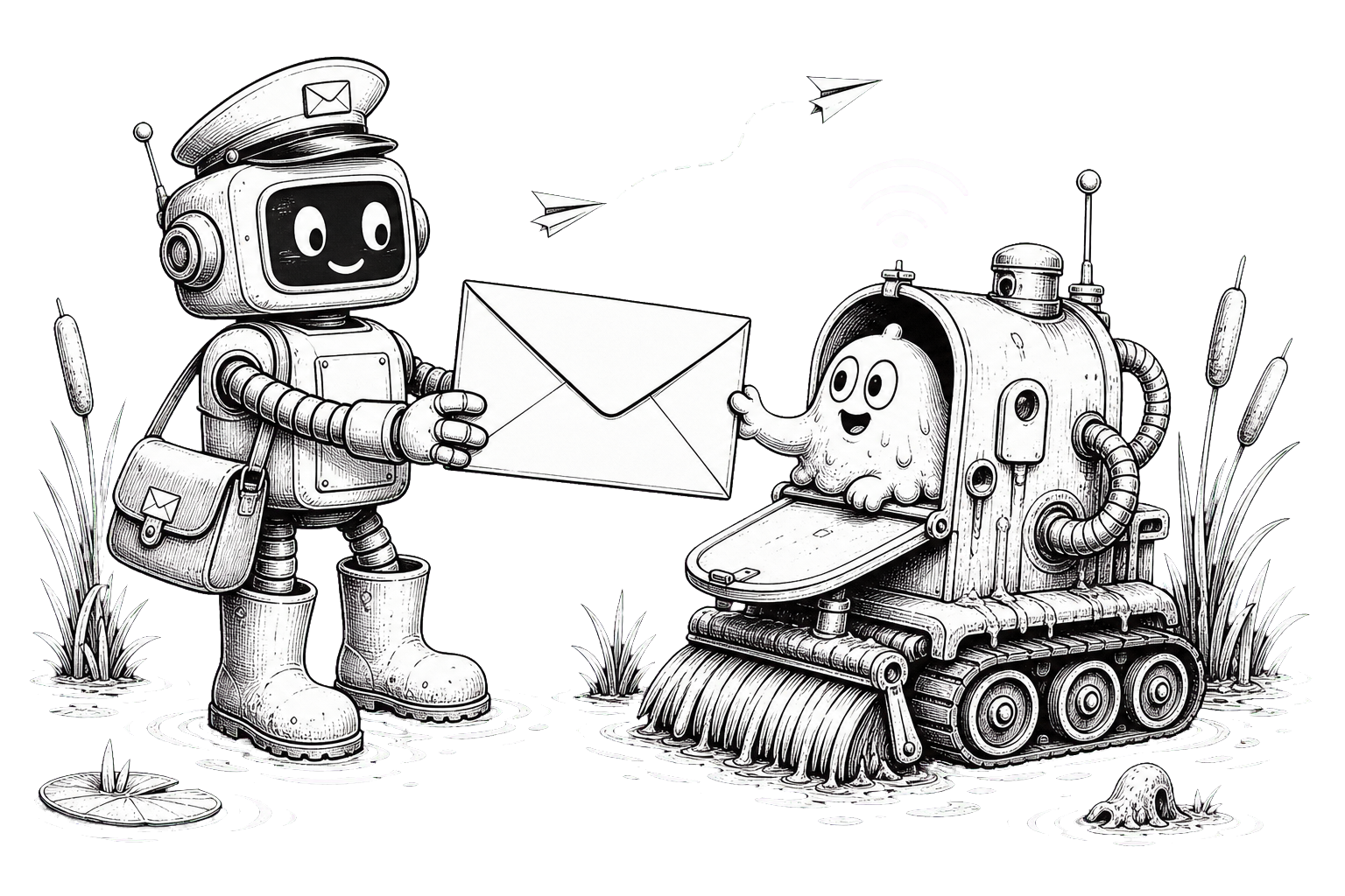 A friendly robot delivering an envelope to the Slop Swamp team