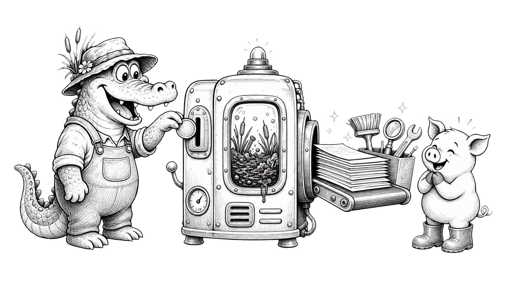 A mascot using a simple coin-operated cleanup machine