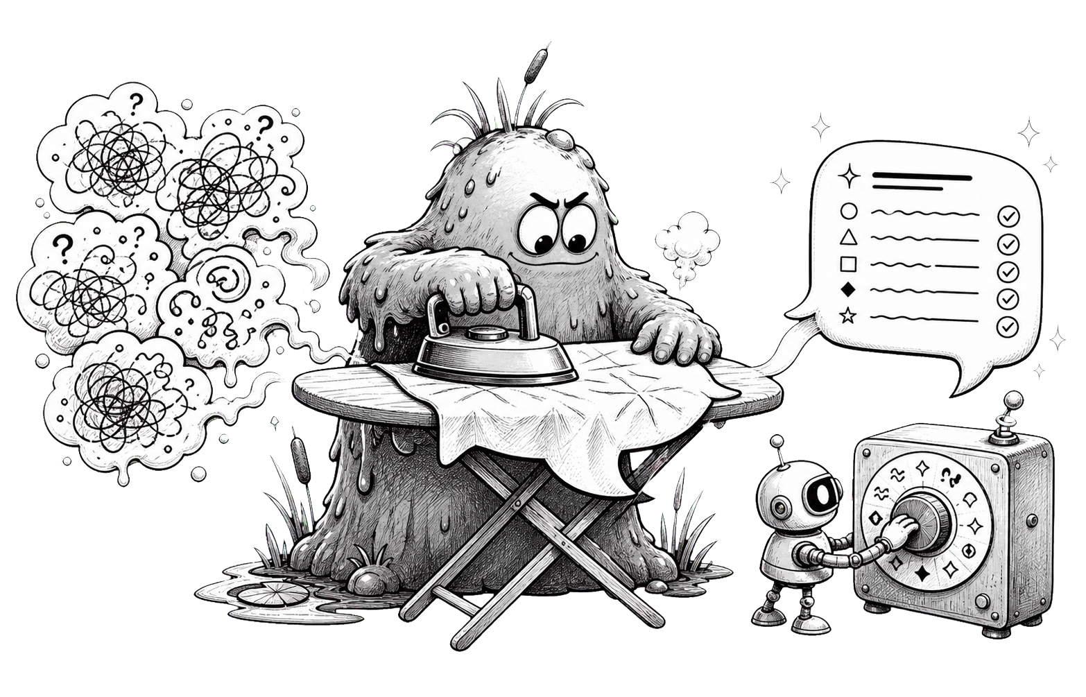 A swamp mascot ironing a tangled prompt into a clear checklist