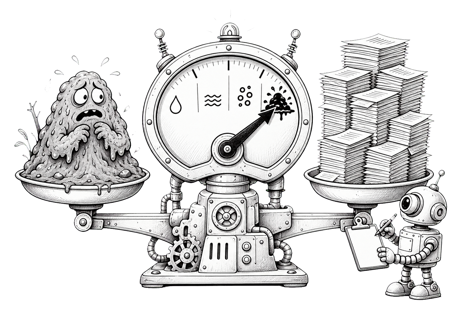 A worried swamp mascot and a pile of pages being measured on a large slop gauge
