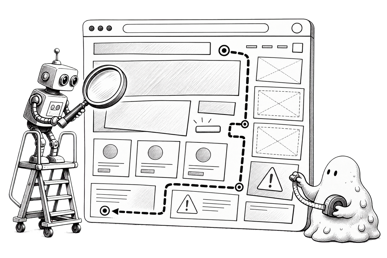 A small robot inspecting a messy browser page with a magnifying glass